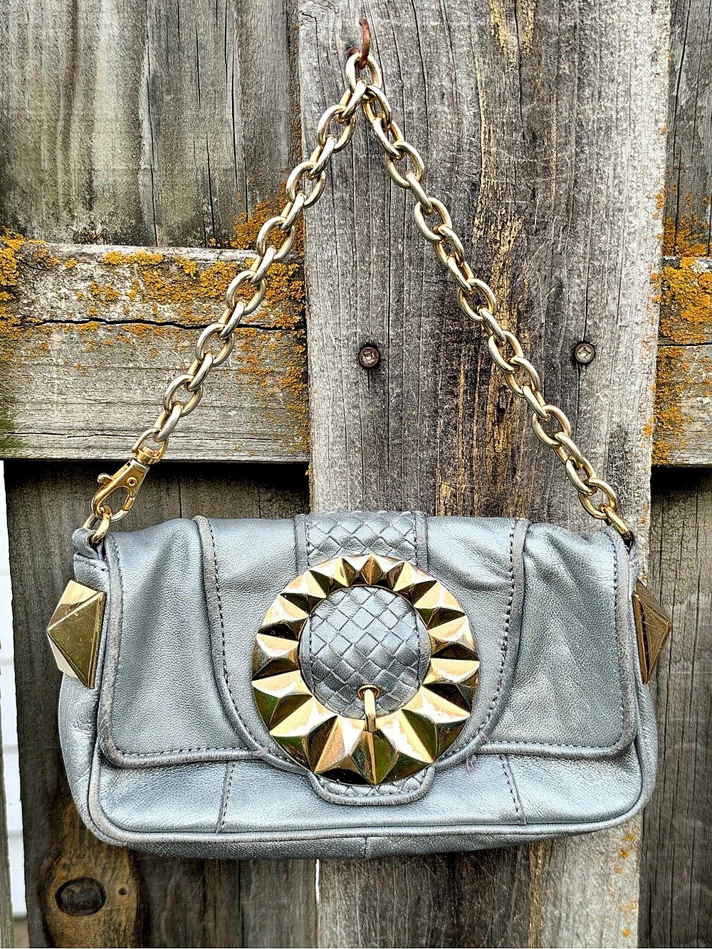 Vintage Betsey Johnson Leather Metallic Pewter Shoulder Bag Gold Buckle Y2K